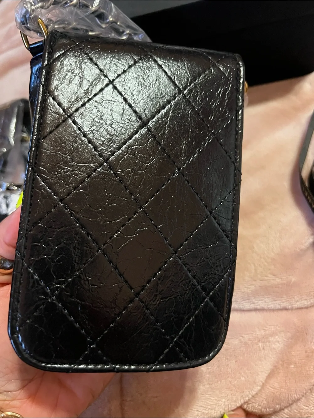 Chanel Black Quilted Leather Phone Pouch with Houndstooth Coin Case with COA